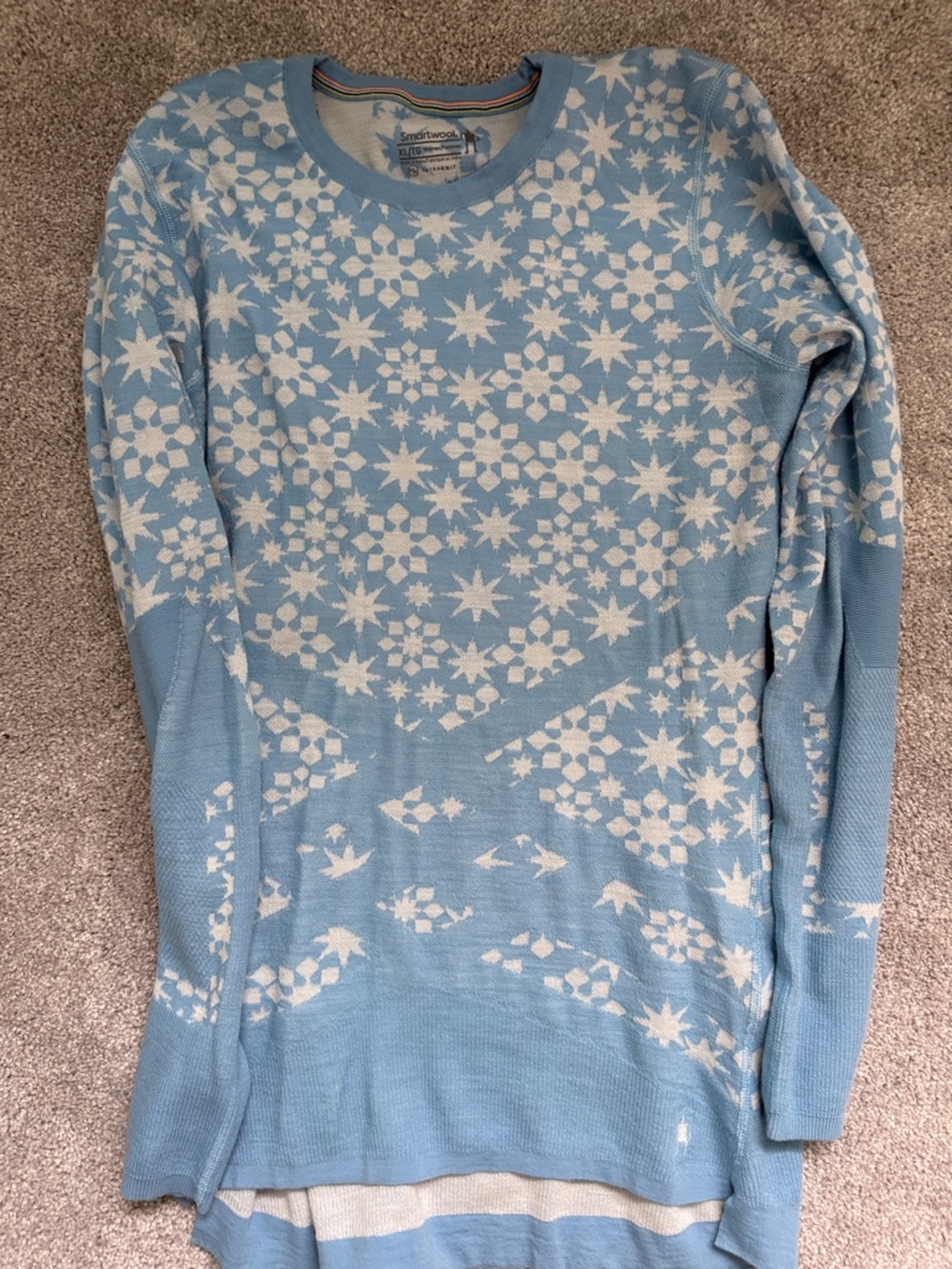 Smartwool Women’s Light Blue and White Snowflake Merino Crewneck Sweater
